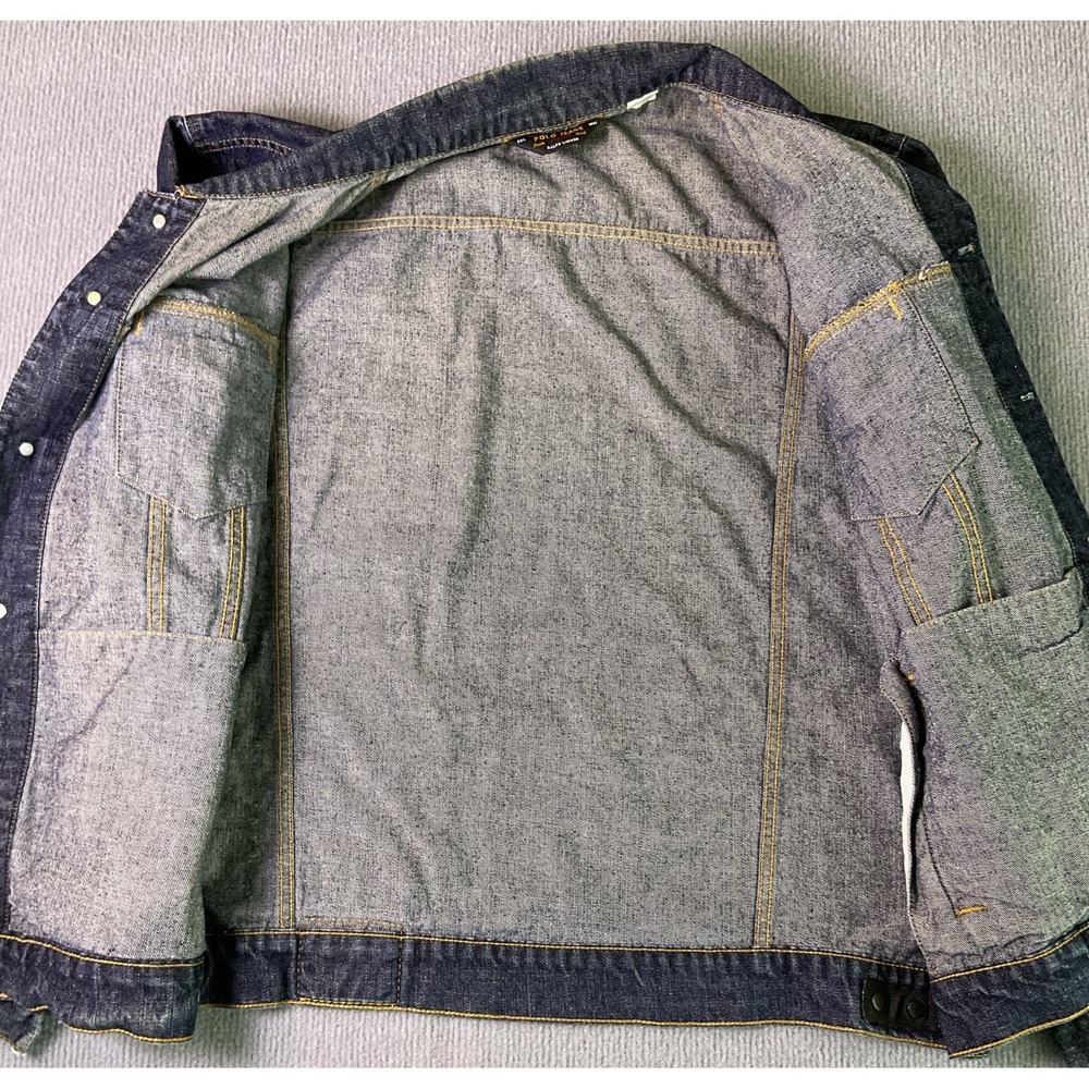 Polo Ralph Lauren Mens Denim Trucker Jacket Dark Wash Distressed Blue XL - Picture 6 of 16